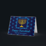 HAPPY HANUKKAH Menorah Dreidel Personalised Holiday Card<br><div class="desc">Stylish greeting card to celebrate HANUKKAH. Dark blue background with cyan blue dreidel pattern and typography. Placeholder text on cover and inside greeting are customisable,  so you can add your name and change the message. Part of the HANUKKAH Collection by Berean Designs.</div>