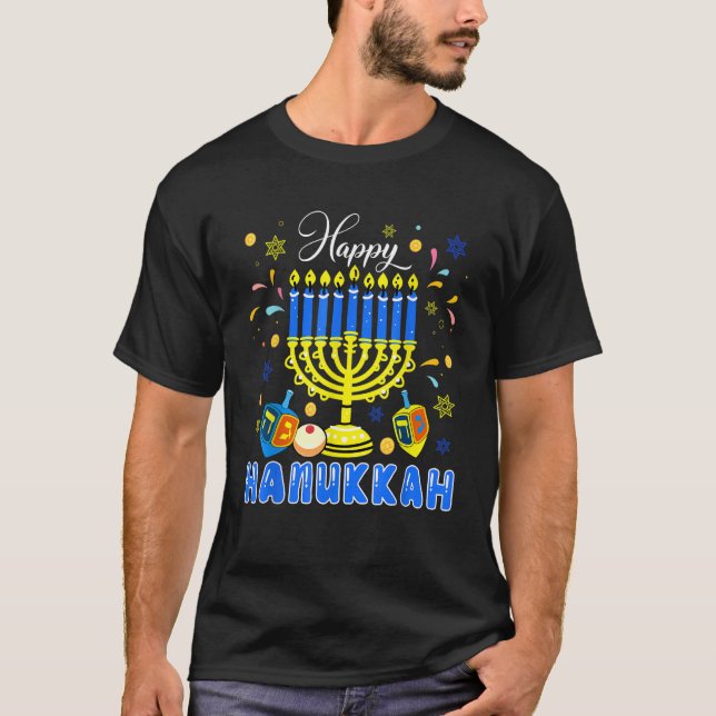 Happy Hanukkah Menorah Dreidel Proud Jewish Family T-Shirt (Front)