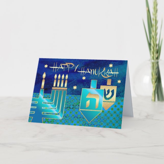 Happy Hanukkah. Menorah & Dreidels Holiday Card (Front)