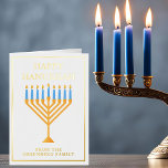 Happy Hanukkah Menorah Elegant Custom Gold Foil Holiday Card<br><div class="desc">Cute custom gold foil Happy Hanukkah card for a Jewish family or a Chanukah party with a synagogue. Personalise with your own last name or group information under the pretty blue menorah.</div>