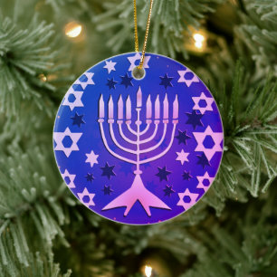 Happy Hanukkah Menorah Flat Ceramic Tree Decoration