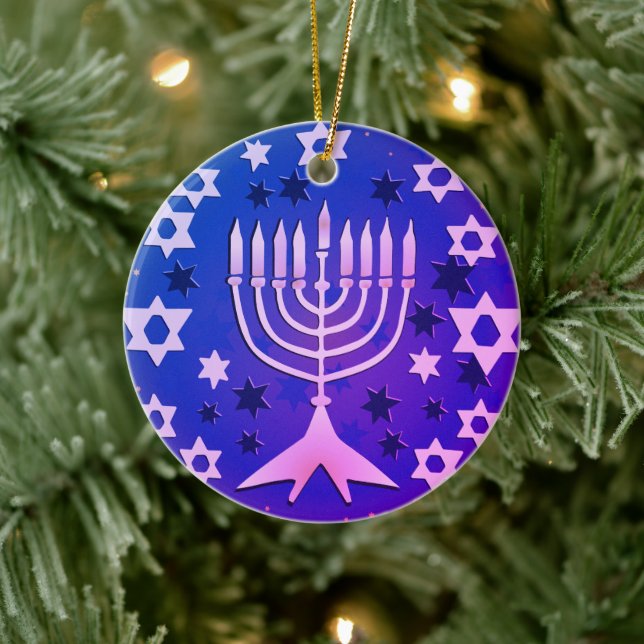 Happy Hanukkah Menorah Flat Ceramic Tree Decoration (Tree)