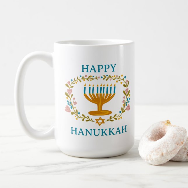 HAPPY HANUKKAH Menorah floral Jewish Holiday Coffee Mug (With Donut)