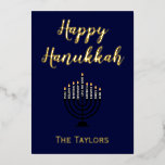 Happy Hanukkah Menorah  Foil Holiday Card<br><div class="desc">A lovely greeting card for Hanukkah, this design features "Happy Hanukkah" in lovely blue background. The centre has a menorah with a place to insert your family's name at the bottom. The back continues with the beautiful blue background. There is a message of blessings included. Order yours today! Menorah: ButterStarDigital...</div>