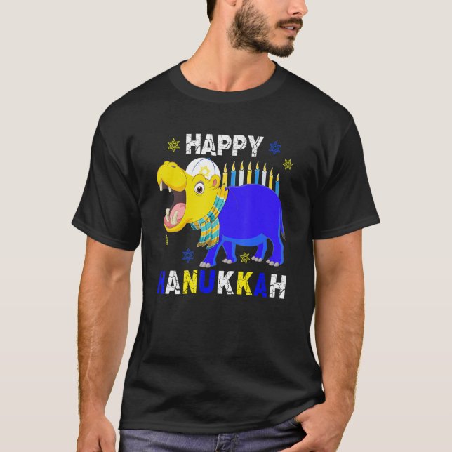 Happy Hanukkah Menorah Hippo Wearing Jewish Hat T-Shirt (Front)