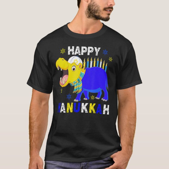 Happy Hanukkah Menorah Hippo Wearing Jewish Hat T-Shirt (Front)