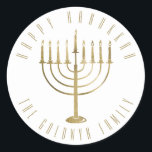 Happy Hanukkah Menorah Holiday Classic Round Sticker<br><div class="desc">This sticker features a gold coloured menorah. The message above it reads "Happy Hanukkah". Below the menorah is a place for your family name which you may personalise or remove if you'd like.</div>