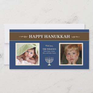 Happy Hanukkah Menorah Holiday PhotoCard (blue) Card