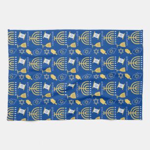 Happy Hanukkah Menorah Jewish Holiday Pattern  Tea Towel