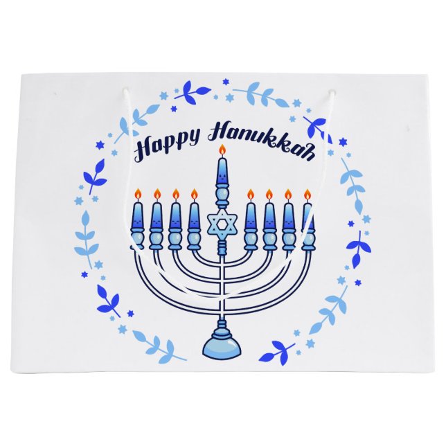 Happy Hanukkah Menorah Jewish Jew Cute Candles Large Gift Bag (Front)