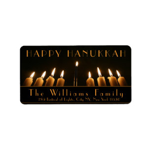 Happy Hanukkah Menorah Light Nine Burning Candles Label