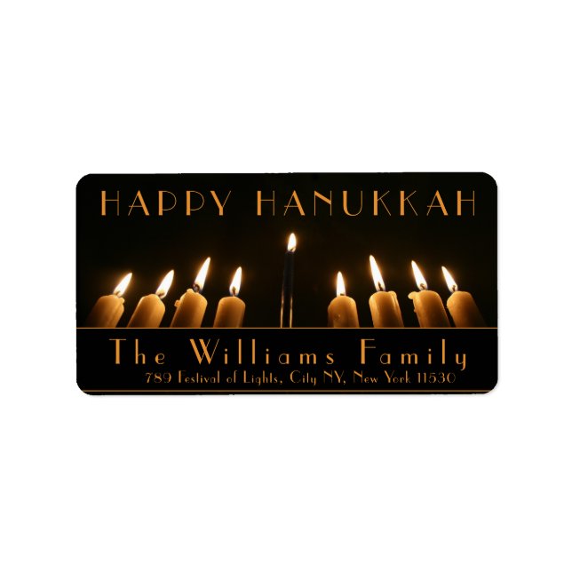 Happy Hanukkah Menorah Light Nine Burning Candles Label (Front)