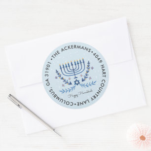 Happy Hanukkah Menorah Lights Return Address Classic Round Sticker