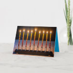 Happy Hanukkah Menorah Miracle Card<br><div class="desc">This Hanukkah card for The Festival of Lights features an original photo of a menorah with 8 burning candles on the front,  a customisable greeting on the inside and the prayer phonetically spelled out on the backside.</div>