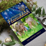Happy Hanukkah Menorah Personalised Photo<br><div class="desc">This modern holidays design features your favourite photo with the text "Happy Hanukkah" with your family name and date in gold typography on a blue background accente with stars. Personalise by editing the text in the text box and adding your own photo. #hanukkah #chanukah #holidays #seasonal #festive #modern #photo #photograph...</div>