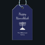 Happy Hanukkah Menorah Simple Blue  Gift Tags<br><div class="desc">Happy Hanukkah Blue Holiday gift tag,  with a simple white menorah and script typography design. With white customisable lettering,  you can add your own information. A festive way to send special gifts this holiday season.</div>