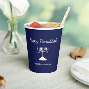 Happy Hanukkah Menorah Simple Blue Paper Cups