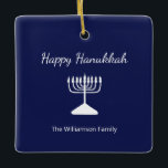Happy Hanukkah Menorah Simple Blue White  Ceramic Ornament<br><div class="desc">Happy Hanukkah Blue Holiday ornament,  with a simple white menorah and script typography design. With white customisable lettering,  you can add your own information. A festive addition to your holiday decor.</div>