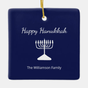 Happy Hanukkah Menorah Simple Blue White  Ceramic Ornament