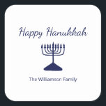 Happy Hanukkah Menorah Simple  Square Sticker<br><div class="desc">Happy Hanukkah Blue Holiday sticker,  with a simple blue menorah and script typography design. With blue customisable lettering,  you can add your own information. A festive way to celebrate with friends and loved ones.</div>