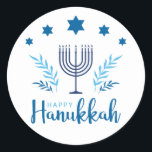 Happy Hanukkah Menorah Stars Classic Round Sticker<br><div class="desc">Happy Hanukkah stickers are great to use on stationery and gifts.  These Happy Hanukkah stickers feature a 7-branch menorah,  chanukkiah,  with blue stars,  olive branches and other elements in light and dark blue.</div>