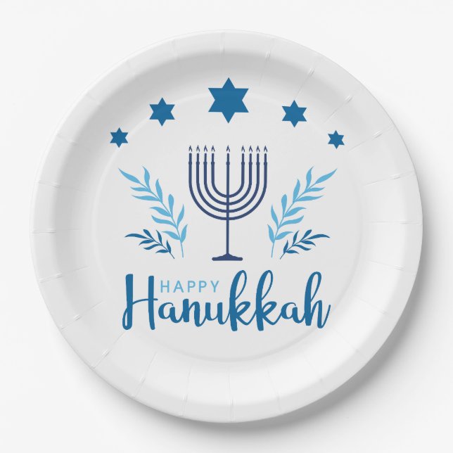 Happy Hanukkah Menorah Stars Paper Plate (Front)