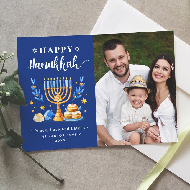 Happy Hanukkah Menorah Sufganiyah Dreidel Photo Holiday Card (Creator Uploaded)