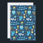 Happy Hanukkah Menorah Sufganiyot Cute Owl Blue Holiday Card<br><div class="desc">Celebrate the Festival of Lights with our Hanukkah greeting card! This card is a joyful blend of Hanukkah symbols, featuring the dreidel, menorah, sufganiyot, a cute owl, gift, Star of David, candles, and adorable foxes. It's not just a card; it's a warm embrace, a wish for eight days of festivity,...</div>