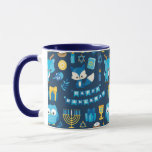 Happy Hanukkah Menorah Sufganiyot Cute Owl Blue Mug<br><div class="desc">Sip in style this Hanukkah with our Happy Hanukkah blue mug featuring Dreidel, Menorah, Sufganiyot, cute owl, gift, Star of David, candles and Cute Fox. Every sip from this mug is a sip of holiday cheer, featuring a joyful medley of Hanukkah symbols and adorable baby animals. Whether you're savouring sufganiyot,...</div>