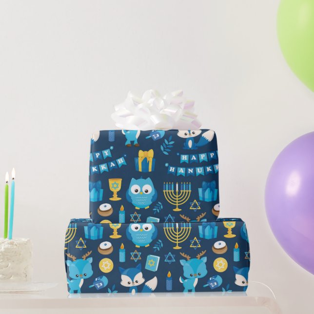 Happy Hanukkah Menorah Sufganiyot Cute Owl Gift Wrapping Paper (Party Gifts)