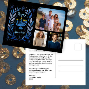 Happy Hanukkah Menorah Watercolor CUSTOM 3 Photo Holiday Postcard