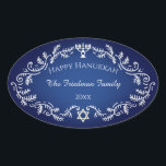 Happy Hanukkah Menorah White Festive Frame on Blue Oval Sticker<br><div class="desc">Leave the text or edit it to add your unique touch.  These Happy Chanukkah stickers feature a white festive frame and white lettering on a blue background.</div>