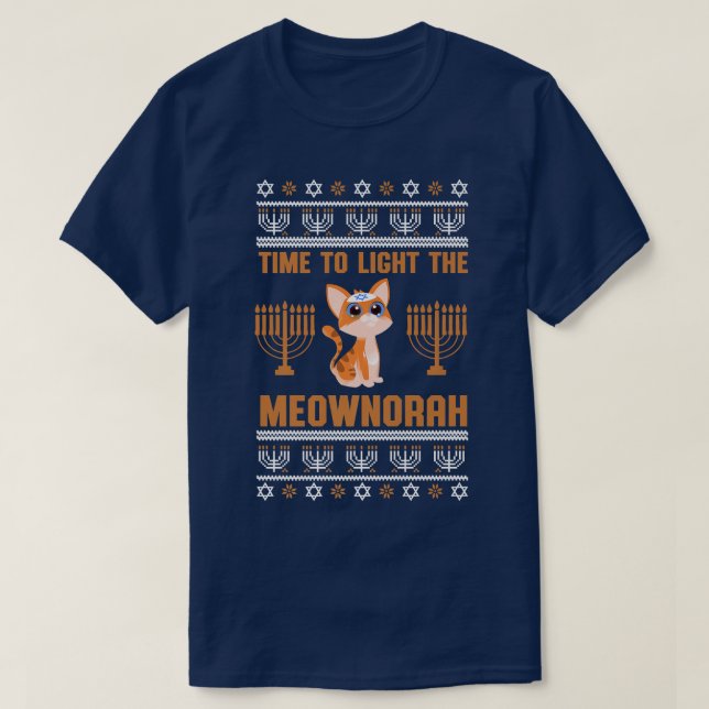 Happy Hanukkah Meownorah Jewish Cat Menorah Funny  T-Shirt (Design Front)