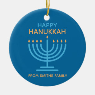 Happy Hanukkah Minimalist Blue Family Photo Ceramic Tree Decoration
