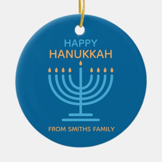 Happy Hanukkah Minimalist Blue Family Photo Ceramic Tree Decoration (Front)