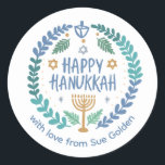 HAPPY HANUKKAH Modern Hand-Drawn Custom Whimsical  Classic Round Sticker<br><div class="desc">Perfect sticker for a Jewish celebration! Hand made art for you. FULLY CUSTOMIZABLE! Click "personalise" to change the text and "edit using design tool" to add text and adjust the colours and placements. THANK YOU FOR SUPPORTING INDEPENDENT ARTISTS! All artwork and designs are created by me. I love to draw...</div>