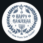 HAPPY HANUKKAH Modern Hand-Drawn Custom Whimsical  Classic Round Sticker<br><div class="desc">Perfect sticker for a Jewish celebration! Hand made art for you. FULLY CUSTOMIZABLE! Click "personalise" to change the text and "edit using design tool" to add text and adjust the colours and placements. THANK YOU FOR SUPPORTING INDEPENDENT ARTISTS! All artwork and designs are created by me. I love to draw...</div>
