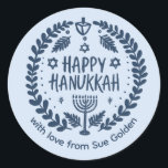 HAPPY HANUKKAH Modern Hand-Drawn Custom Whimsical  Classic Round Sticker<br><div class="desc">Perfect sticker for a Jewish celebration! Hand made art for you. FULLY CUSTOMIZABLE! Click "personalise" to change the text and "edit using design tool" to add text and adjust the colours and placements. THANK YOU FOR SUPPORTING INDEPENDENT ARTISTS! All artwork and designs are created by me. I love to draw...</div>