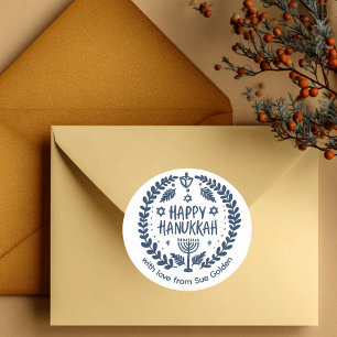HAPPY HANUKKAH Modern Hand-Drawn Custom Whimsical  Classic Round Sticker