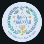HAPPY HANUKKAH Modern Hand-Drawn Custom Whimsical  Classic Round Sticker<br><div class="desc">Perfect sticker for a Jewish celebration! Hand made art for you. FULLY CUSTOMIZABLE! Click "personalise" to change the text and "edit using design tool" to add text and adjust the colours and placements. THANK YOU FOR SUPPORTING INDEPENDENT ARTISTS! All artwork and designs are created by me. I love to draw...</div>