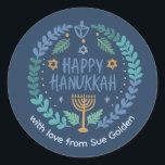 HAPPY HANUKKAH Modern Hand-Drawn Cute Whimsical  Classic Round Sticker<br><div class="desc">Perfect sticker for a Jewish celebration! Hand made art for you. FULLY CUSTOMIZABLE! Click "personalise" to change the text and "edit using design tool" to add text and adjust the colours and placements. THANK YOU FOR SUPPORTING INDEPENDENT ARTISTS! All artwork and designs are created by me. I love to draw...</div>