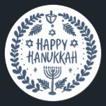 HAPPY HANUKKAH Modern Hand-Drawn Cute Whimsical  Classic Round Sticker<br><div class="desc">Perfect sticker for a Jewish celebration! Hand made art for you. FULLY CUSTOMIZABLE! Click "edit using design tool" to add text and adjust the colours and placements. THANK YOU FOR SUPPORTING INDEPENDENT ARTISTS! All artwork and designs are created by me. I love to draw and paint! Thanks for shopping with...</div>