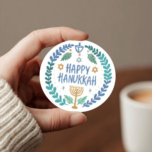 HAPPY HANUKKAH Modern Hand-Drawn Cute Whimsical  Classic Round Sticker