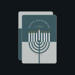 Happy Hanukkah Modern Menorah Candle Teal Blue Holiday Card<br><div class="desc">Happy Hanukkah, send your Hanukkah wishes to your family and friends with our beautiful and modern customisable holiday card. Our design features our modern menorah candle. A modern teal blue and blue-grey colour palette are used. "Happy Hanukkah" is written in a modern font and arch around the menorah candle. Customise...</div>
