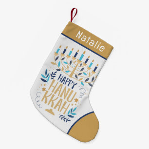 Happy Hanukkah Modern Menorah Personalised Name Small Christmas Stocking