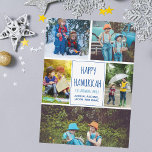 Happy Hanukkah Modern Photo Collage Cute Blue Card<br><div class="desc">This cute,  trendy Happy Hanukkah card features a modern layout of 5 family photos on a white background with blue typography. This beautiful Jewish photo holiday card features your own photograph collage surrounding your message and family name.</div>