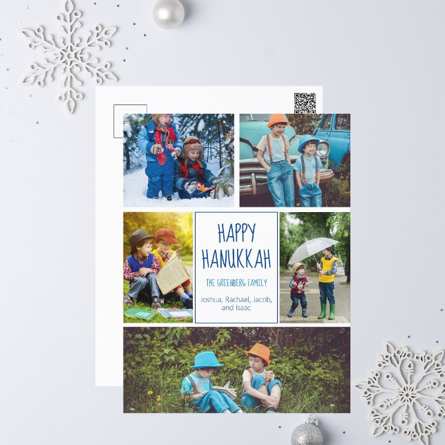 Happy Hanukkah Modern Photo Collage Cute Blue Postcard (Creator Uploaded)