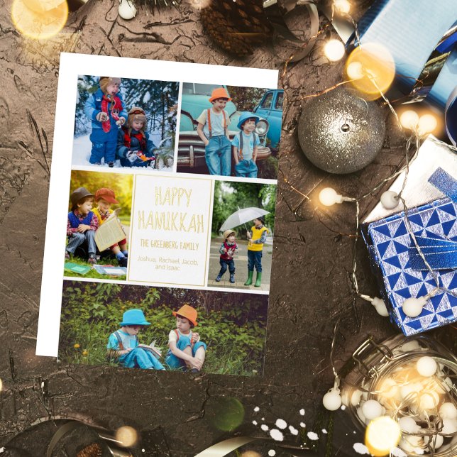 Happy Hanukkah Modern Photo Collage Elegant Gold Foil Holiday Card (Creator Uploaded)