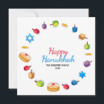Happy Hanukkah Modern Photo Dreidel Star Name<br><div class="desc">This holidays design features the text "Happy Hanukkah" in modern red and blue typography surrounded by dreidels, gold coins, stars and sufganiyah. Personalised with your name and favourite photo on the back. #hanukkah #chanukah #holidays #seasonal #festive #modern #dreidel #star #coin #gold #starofdavid #design #designer #cards #greetings #greetingcards #stationery #photo #photocards...</div>