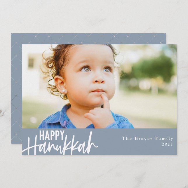 Happy Hanukkah Modern Photo Dusty Blue Holiday Card (Front/Back)
